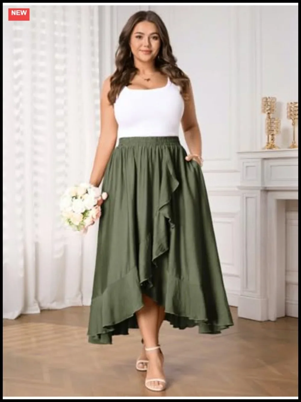 Plus Size High Waisted Ruffle High Low Flowy Boho Maxi Skirt with Pockets